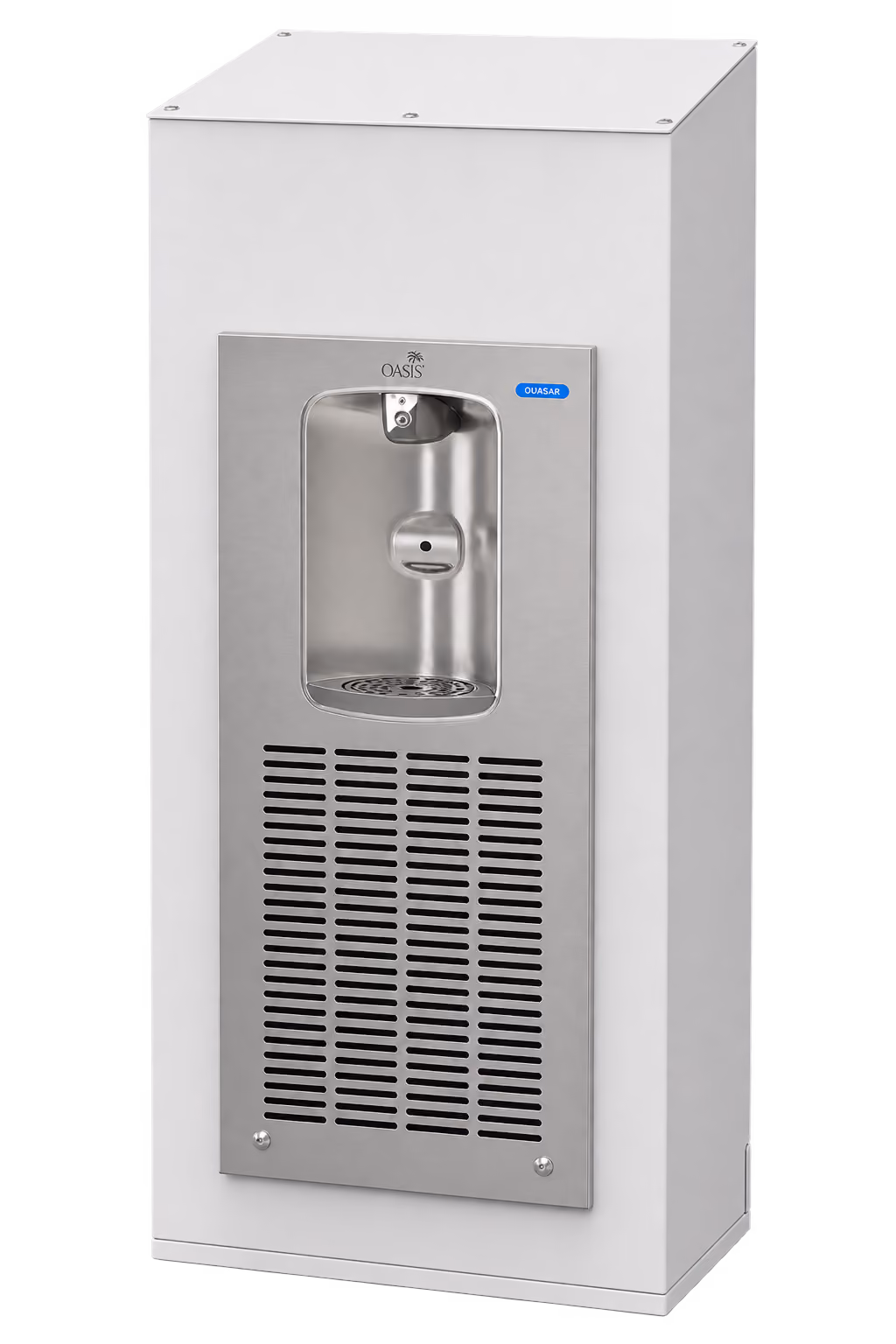 Stainless steel Oasis water dispenser with a front spout and air vent panels below the dispensing area.